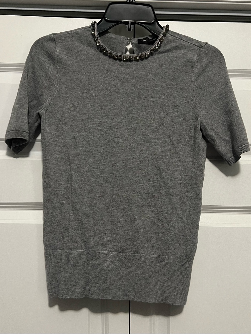 WHBM Gray Short Sleeve Jeweled Collar Sweater